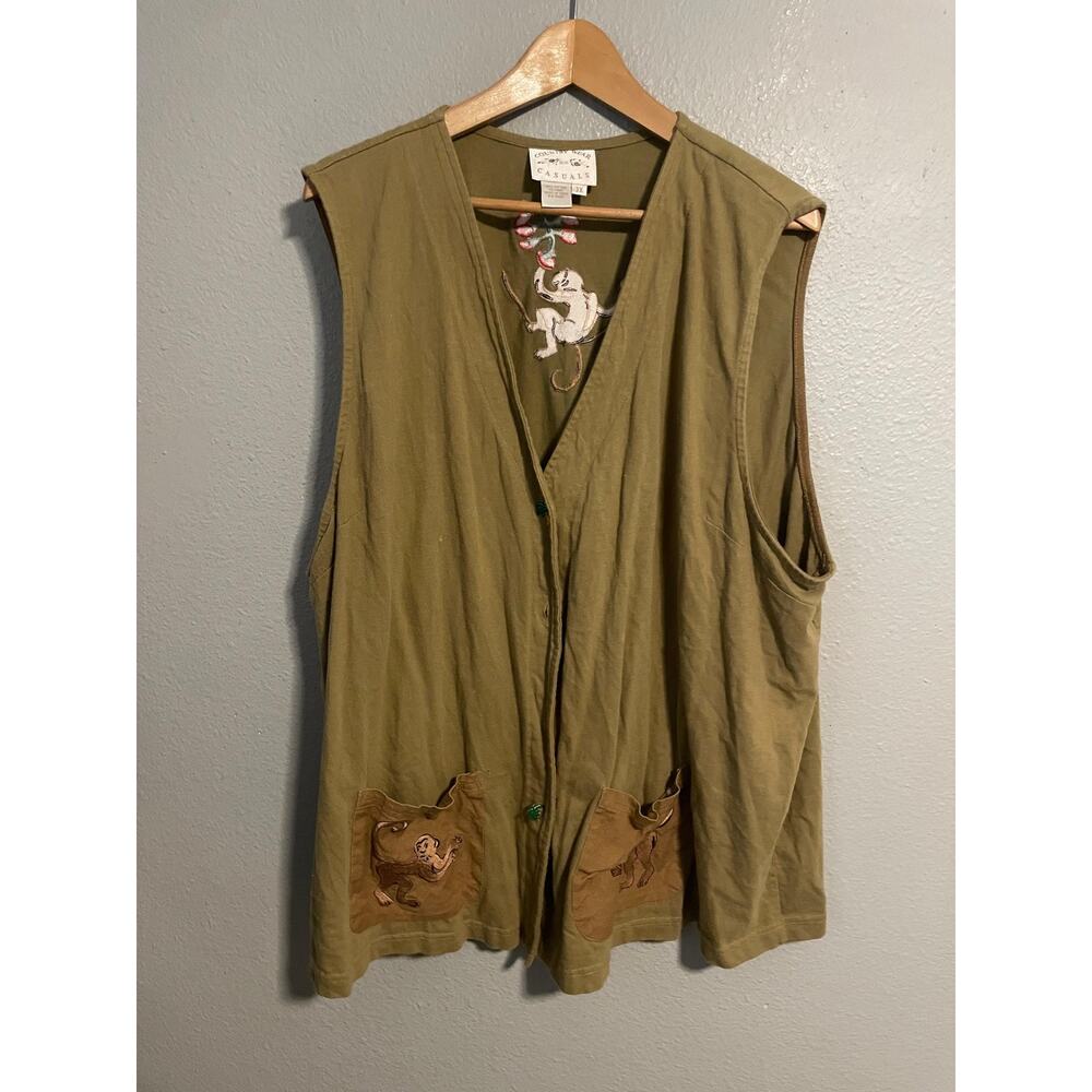 Vintage Country Wear Casuals Vest Womens 3X Green Cotton Linen Monkey Artsy FLAW